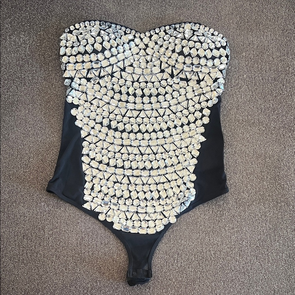 Dolls Kill Women's Black and Silver Bodysuit Bustier Bodysuit Rave/Goth/Sexy.